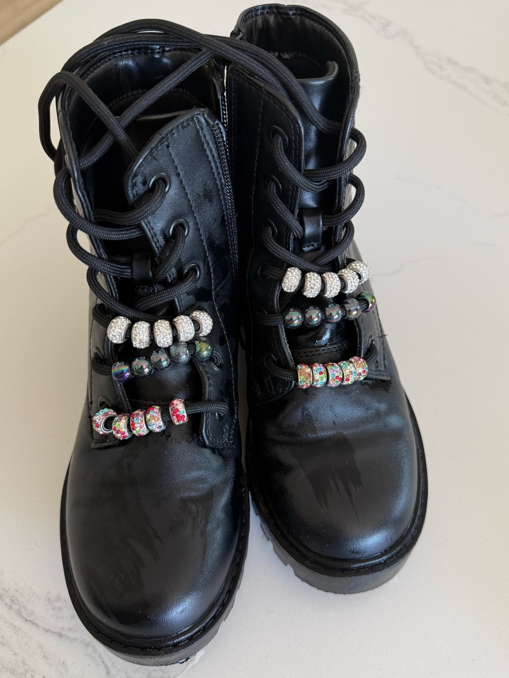 Girls Black Kids Lace-Up Combat Boots with Decorative Beads